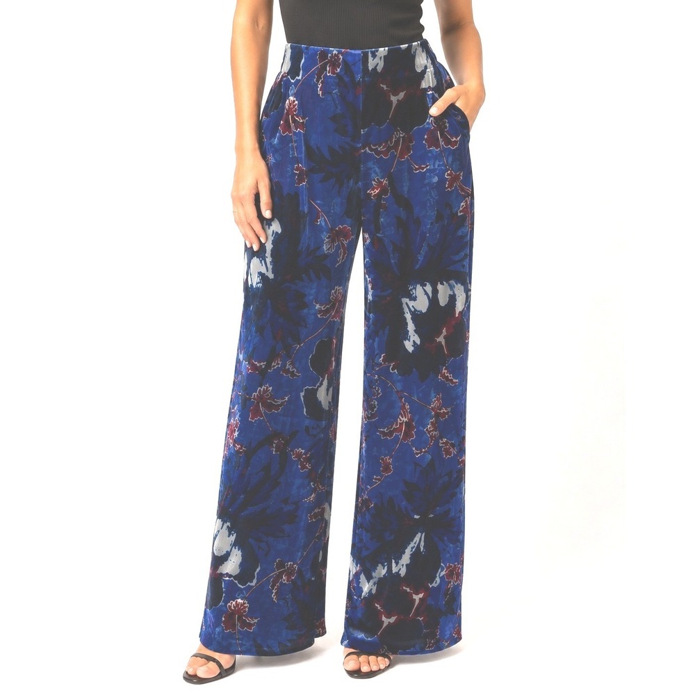 Diane von Furstenberg Blue Floral Velvet Straight Wide Leg Pants Sz 8 High Rise